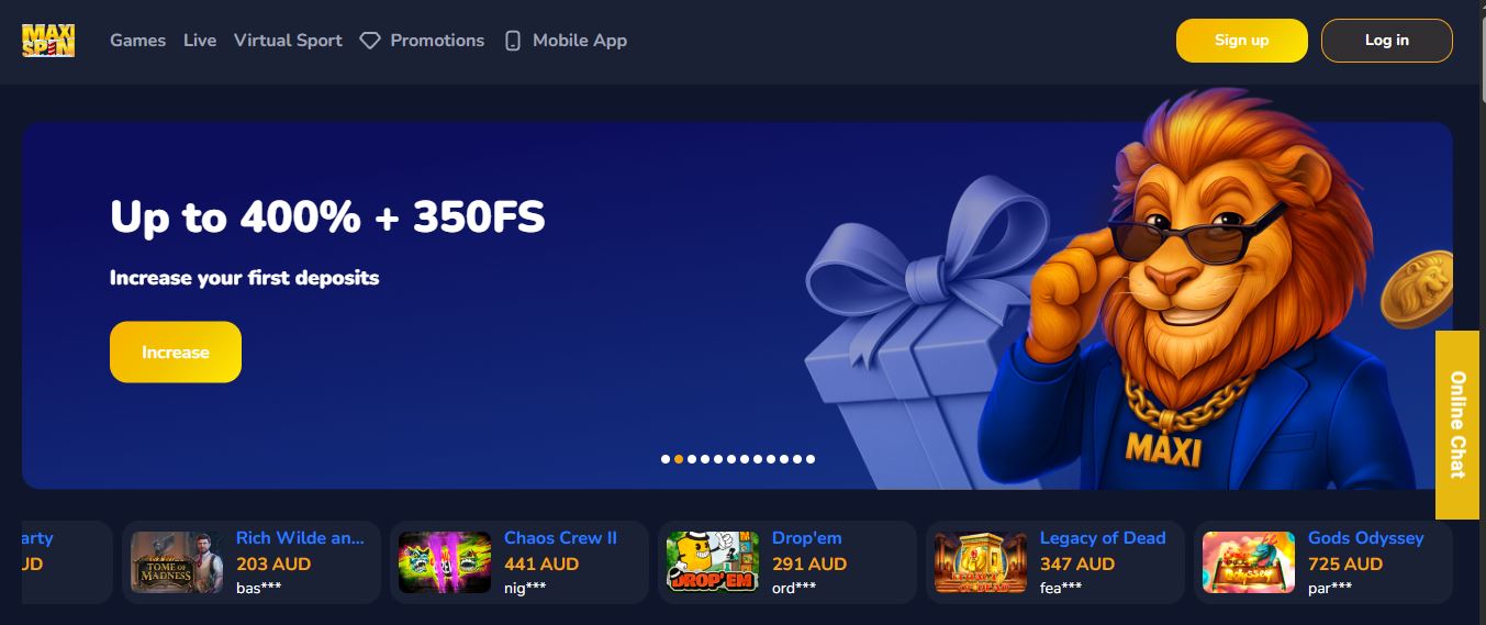 Visit MaxiSpin homepage and get welcome bonus offer 
