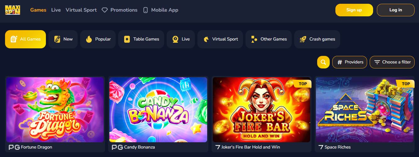 Search popular slots and table games at MaxiSpin